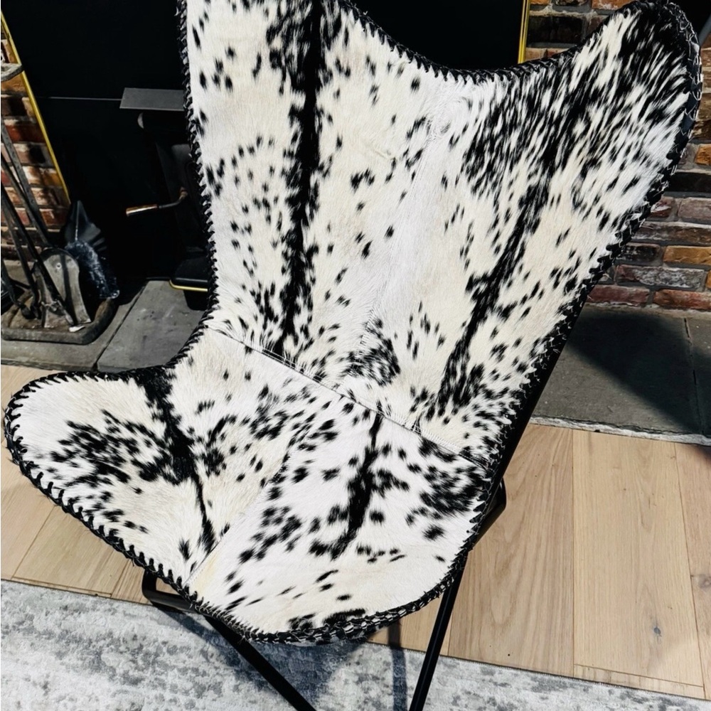 Genuine Leather Goat Hair Butterfly Chair, unusual unique black and white
